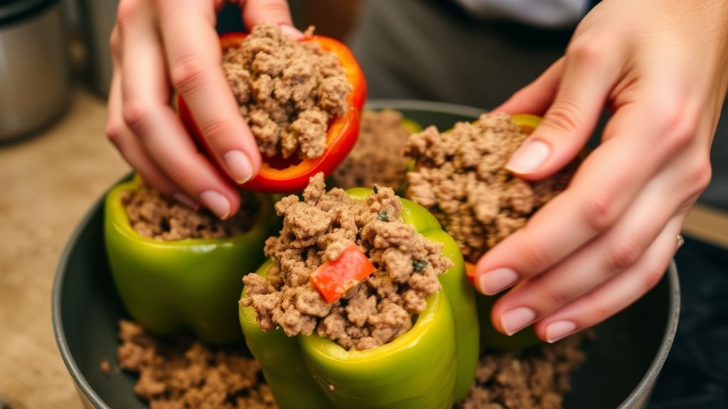 Mãos recheando cuidadosamente um pimentão com carne moída refogada