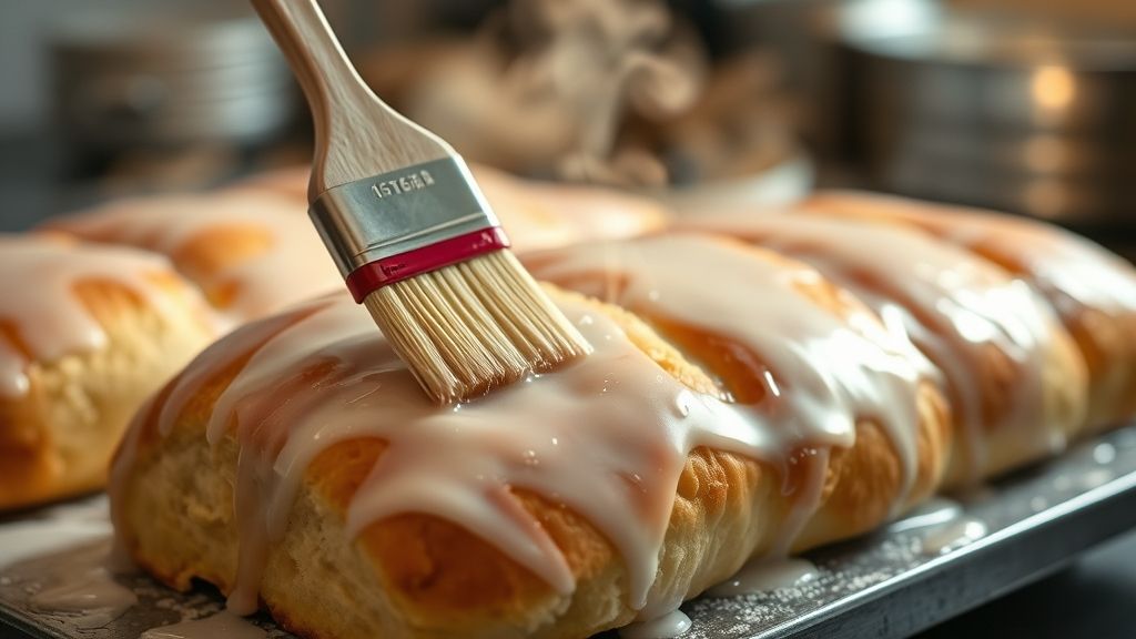 Mãos aplicando a calda de açúcar sobre pão quente recém-saído do forno