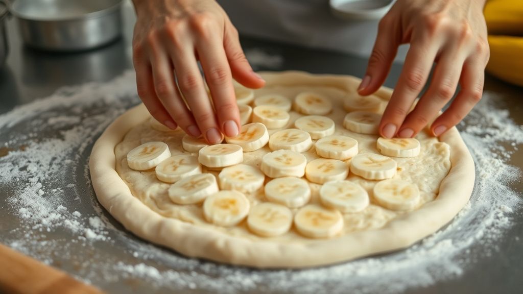 Mãos abrindo a massa de pizza e colocando rodelas de banana sobre ela