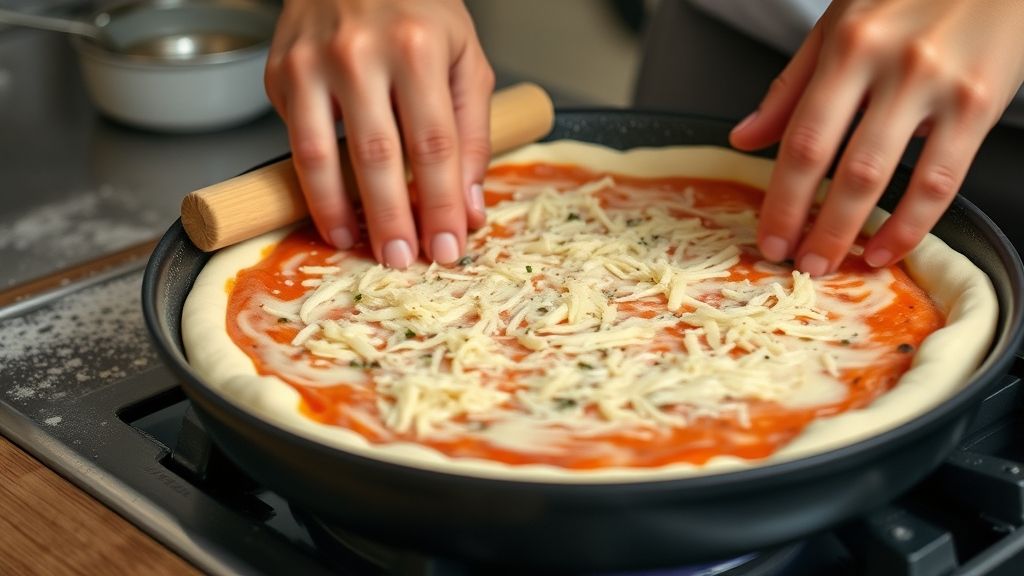 Mãos abrindo a massa com rolo sobre bancada enfarinhada, mostrando o processo artesanal.