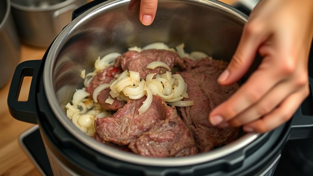 Mãos refogando cebola e alho junto com carne dourada na panela de pressão em etapa crucial da receita