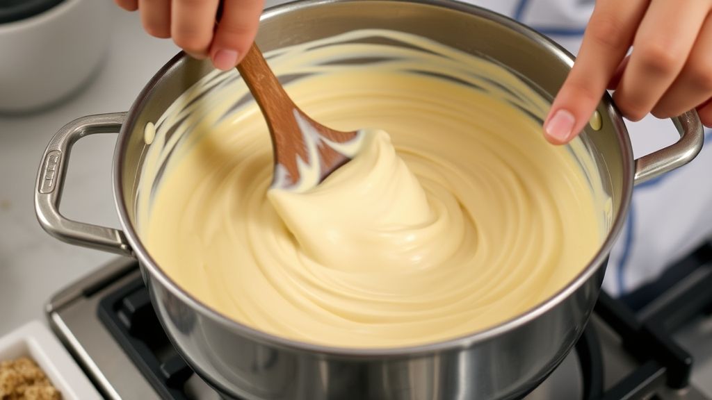 Mãos mexendo o creme do pudim em uma panela durante o cozimento