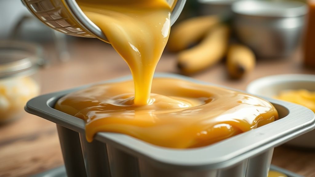 Mãos adicionando mistura líquida do pudim na forma caramelizada antes de assar