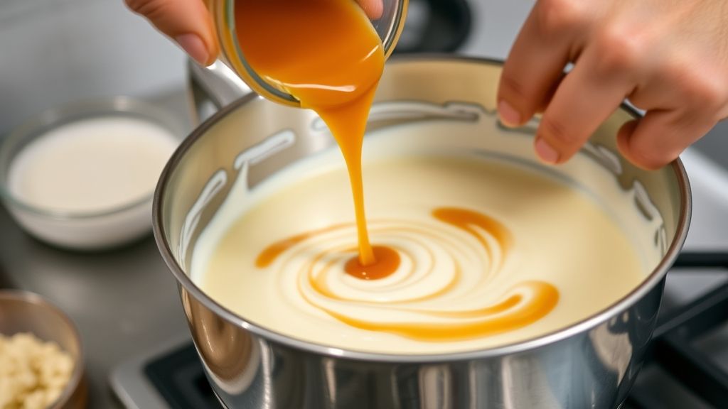 Mãos despejando calda caramelizada na forma ou batendo os ingredientes do pudim no liquidificador