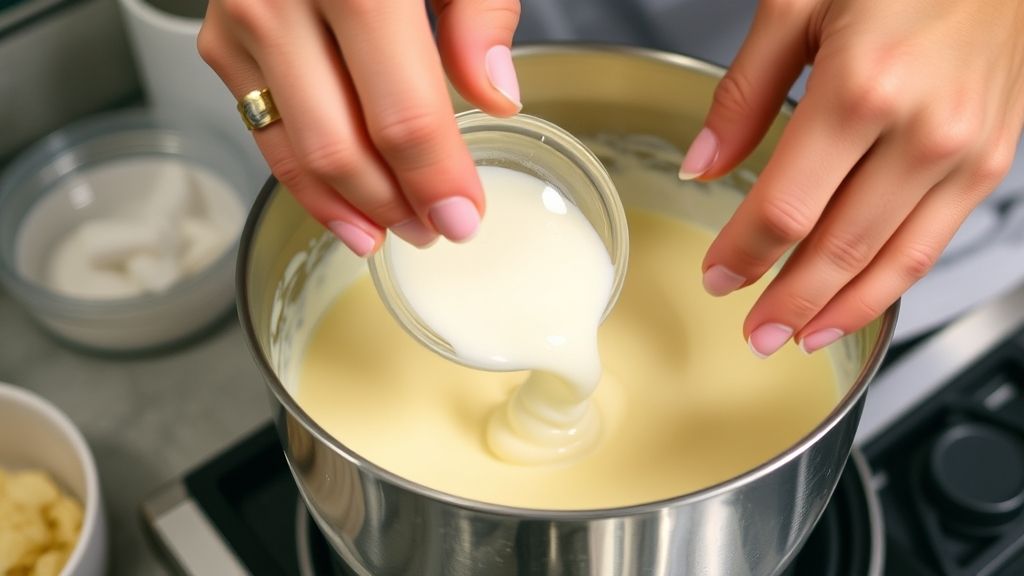 Mãos em ação dissolvendo gelatina e batendo os ingredientes do pudim no liquidificador