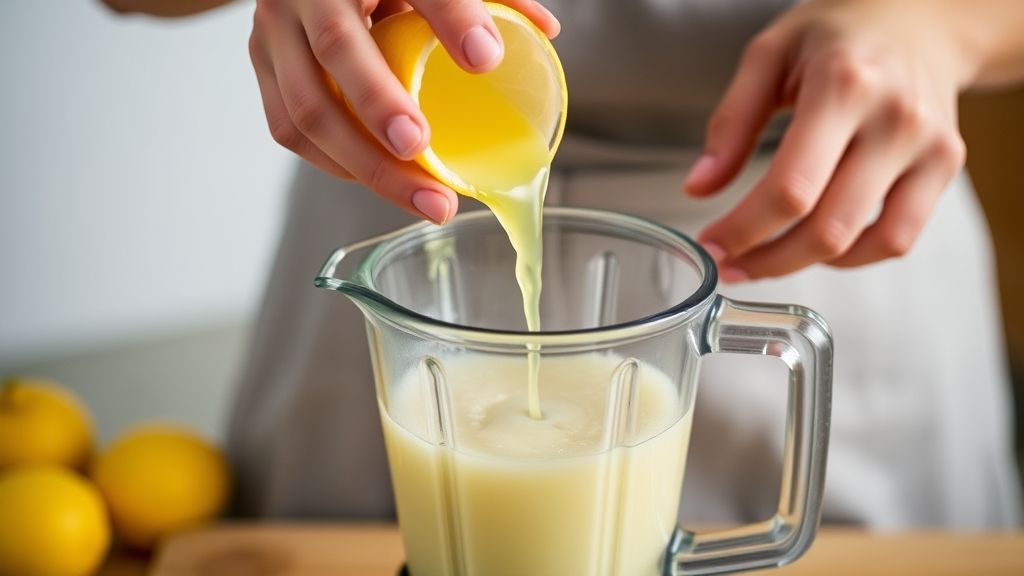 Mãos adicionando suco de limão ao liquidificador com leite condensado e creme de leite