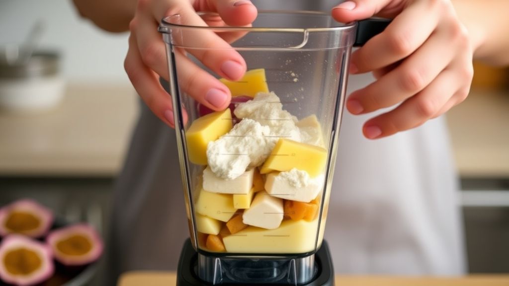 Mãos misturando os ingredientes do pudim em um liquidificador em cozinha clara