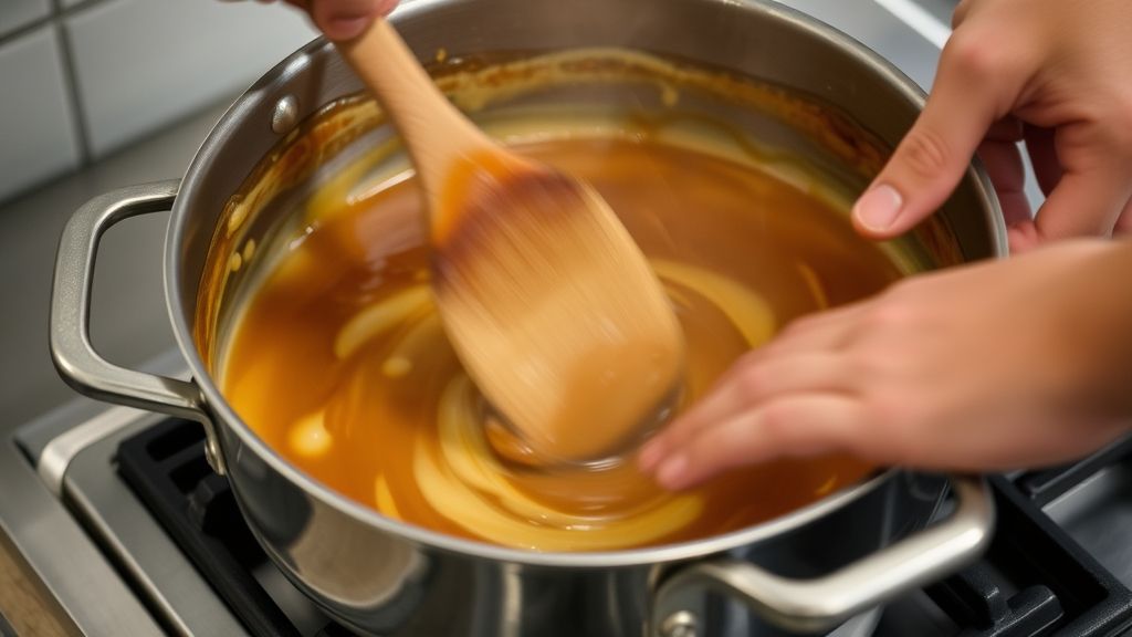 Mãos preparando o caramelo em uma panela durante o preparo do pudim de pão.