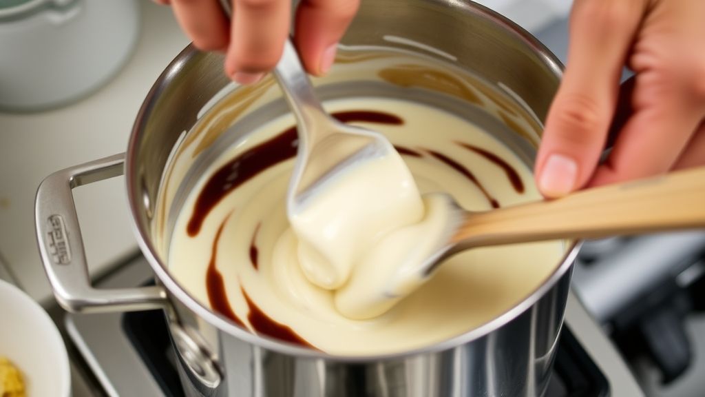 Mãos em ação mexendo o creme do pudim em uma panela durante o preparo