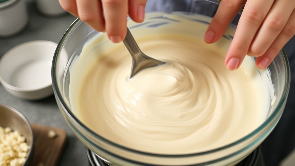Mãos mexendo a mistura cremosa de tapioca hidratada com leite e coco em uma tigela funda