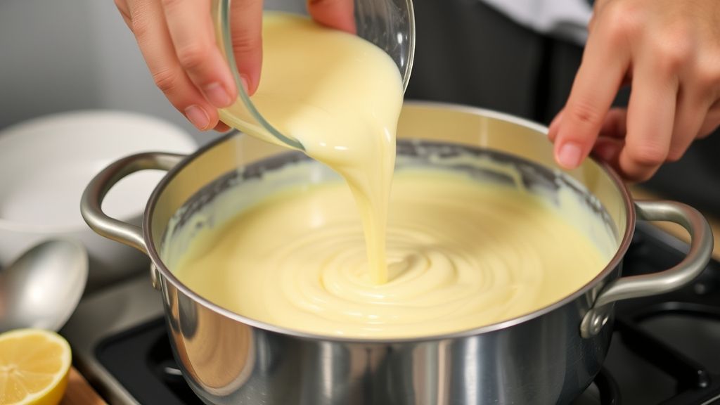 Mãos despejando a mistura cremosa do pudim em uma forma redonda antes de levar à geladeira