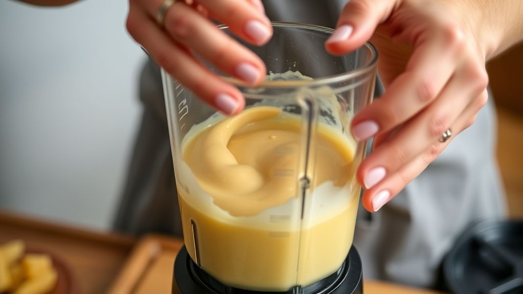 Mãos batendo a mistura de pudim no liquidificador, representando um passo fundamental da receita.