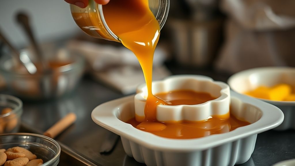 Mãos preparando o caramelo e despejando a mistura do pudim na forma, com utensílios de cozinha ao redor.