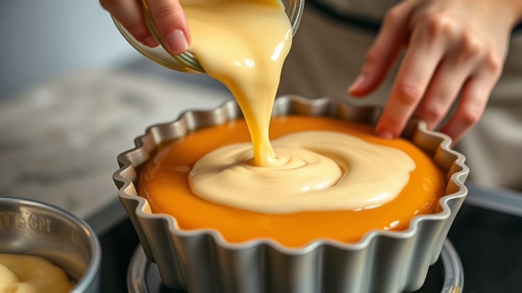 Mãos despejando a mistura do pudim sobre a calda em forma de banho-maria pronta para o forno