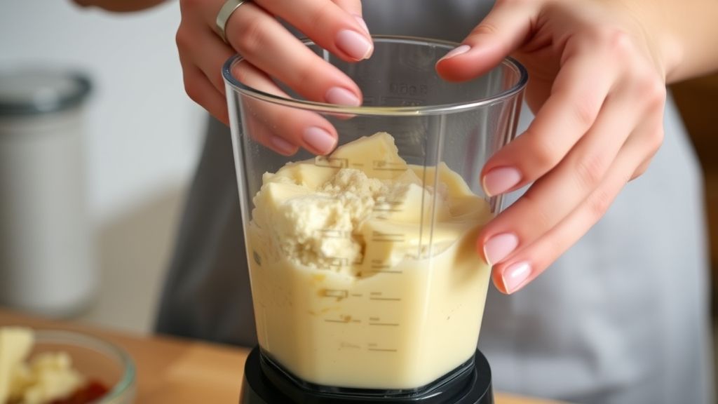 Mãos batendo a mistura do pudim sem leite no liquidificador durante o preparo