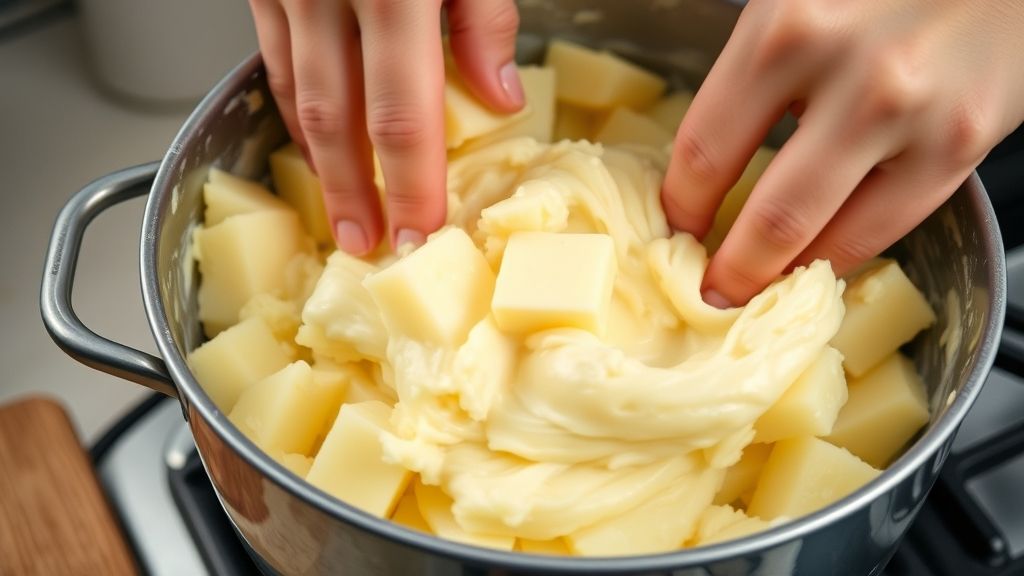 Mãos amassando batatas cozidas e incorporando manteiga e leite morno em panela de ferro.