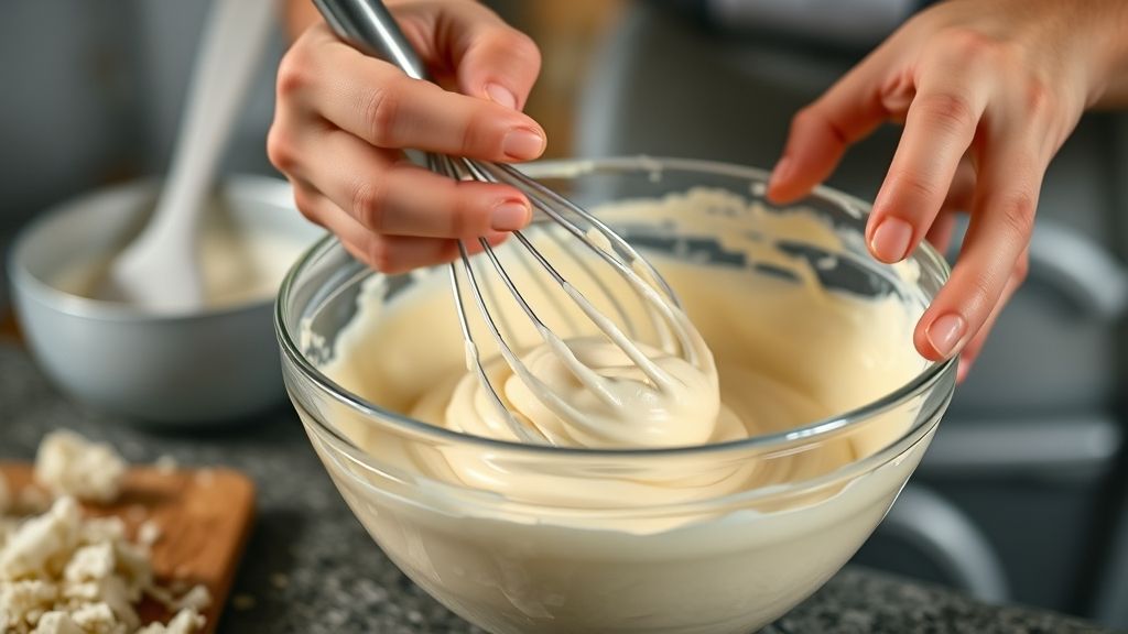 Mãos misturando os ingredientes da queijadinha em uma tigela com fouet, mostrando a textura cremosa antes de ir ao forno