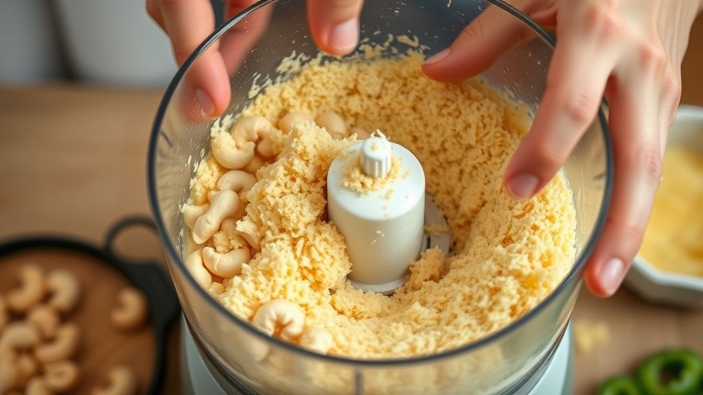 Mãos processando castanhas e levedura no processador de alimentos, preparo do queijo vegetal