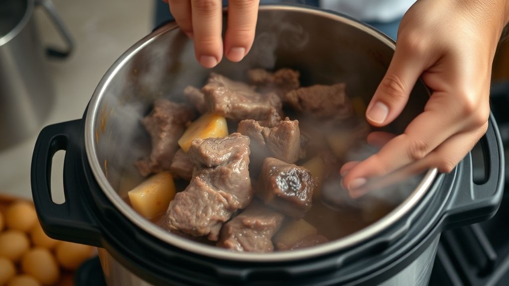 Mãos dourando pedaços de rabada na panela de pressão, com temperos e vapor subindo
