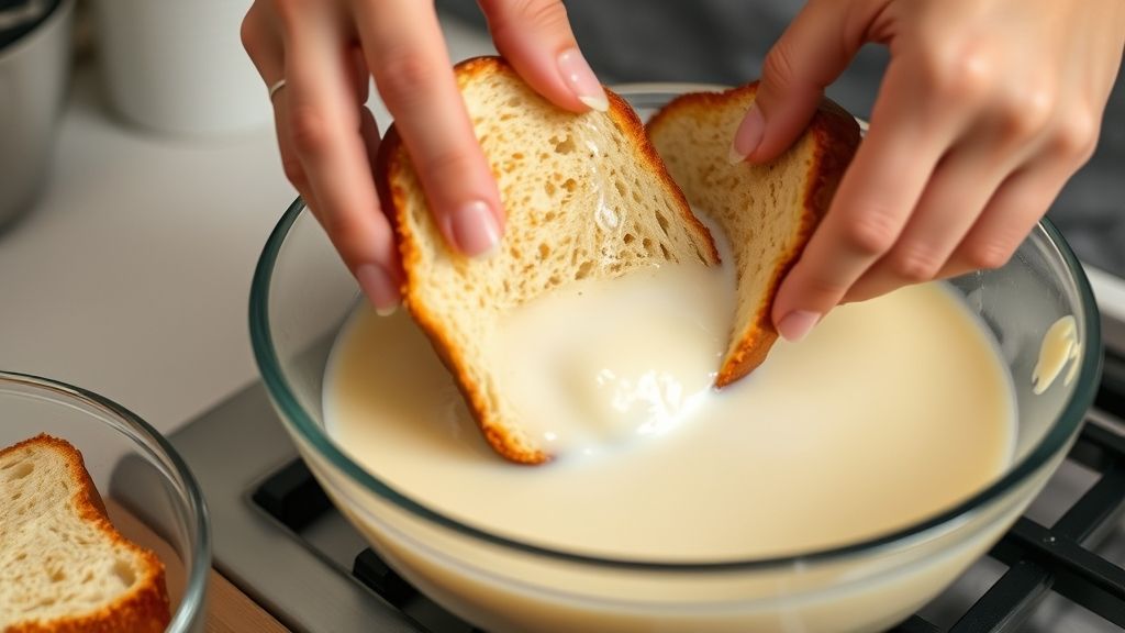 Mãos mergulhando fatias de pão na mistura de ovos e leite durante o preparo da rabanada assada.