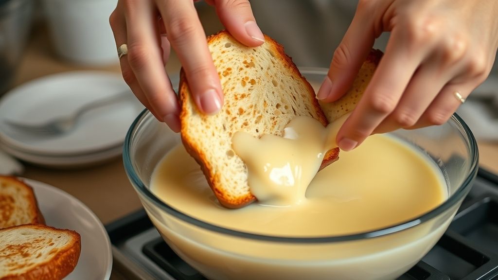 Mãos mergulhando fatias de pão na mistura de leite e ovos durante o preparo da rabanada