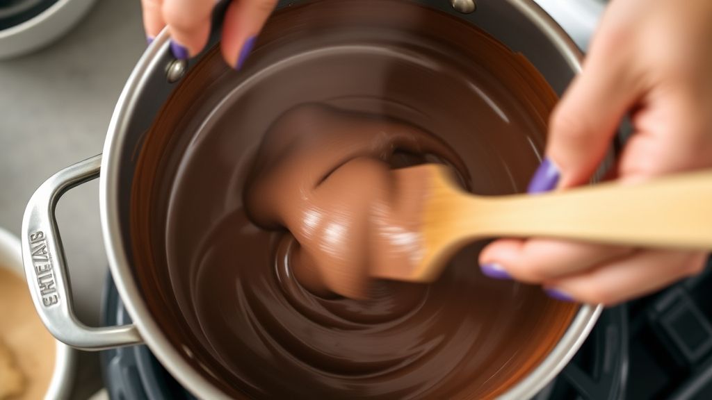 Mãos mexendo o brigadeiro na panela, mostrando o ponto cremoso do preparo