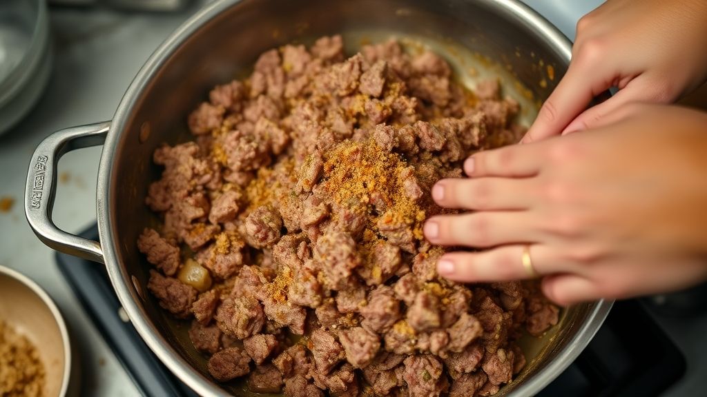 Mãos refogando carne moída temperada em frigideira, soltando os aromas