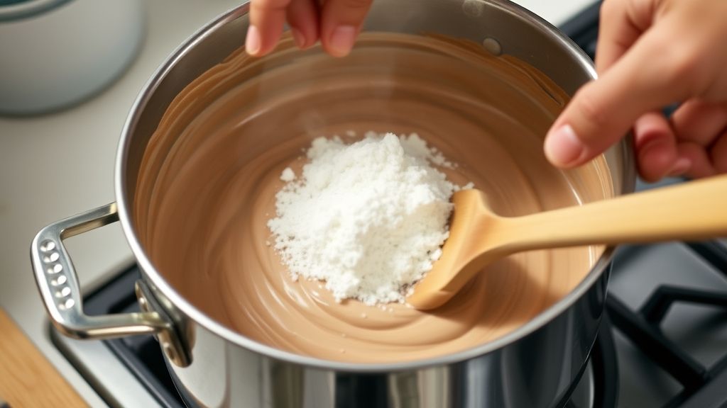 Mãos mexendo o creme no fogo até obter textura cremosa e homogênea
