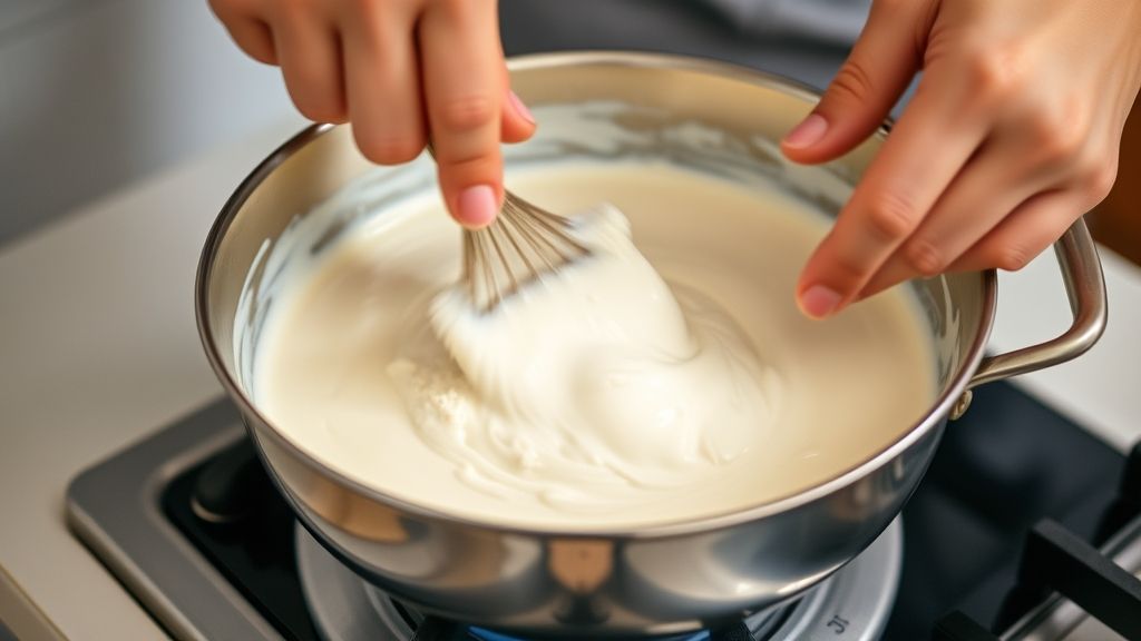 Mãos mexendo o creme branco em uma panela no fogo baixo, mostrando o ponto cremoso ideal