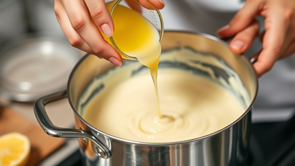 Mãos adicionando suco de limão ao creme durante o preparo da receita