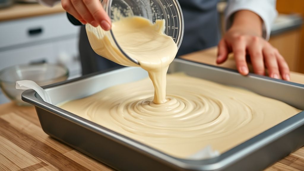 Mãos batendo a massa no liquidificador e espalhando em assadeira forrada