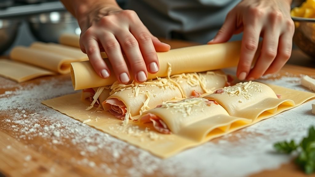 Mãos enrolando a massa de lasanha com queijo e presunto durante o preparo do rondelli