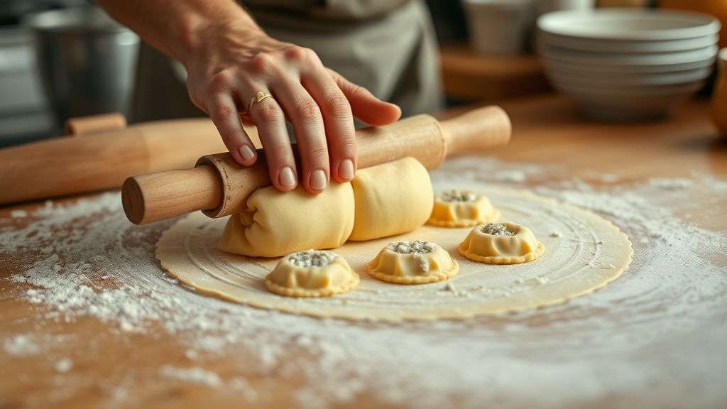 Mãos enrolando a massa com recheio de queijo e presunto antes de fatiar