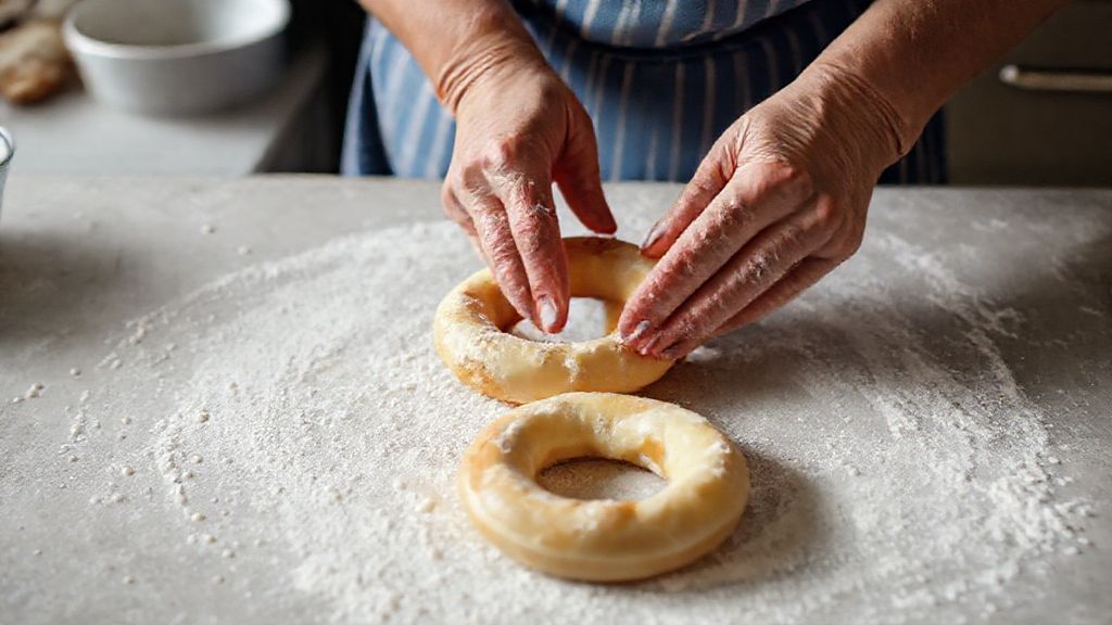 Mãos modelando as rosquinhas com massa dourada sobre a bancada