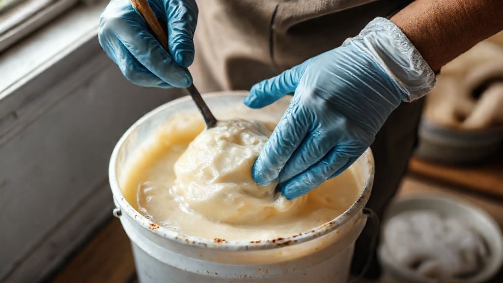 Mãos com luvas mexendo mistura espessa de sabão dentro de um balde plástico durante a saponificação.
