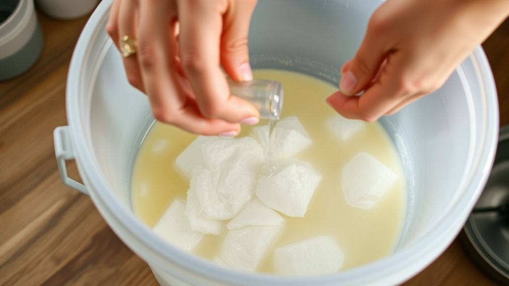 Mãos misturando óleo e soda em balde plástico durante o processo de saponificação