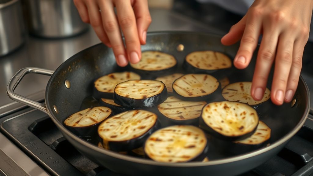 Mãos grelhando fatias de berinjela douradas em frigideira com azeite