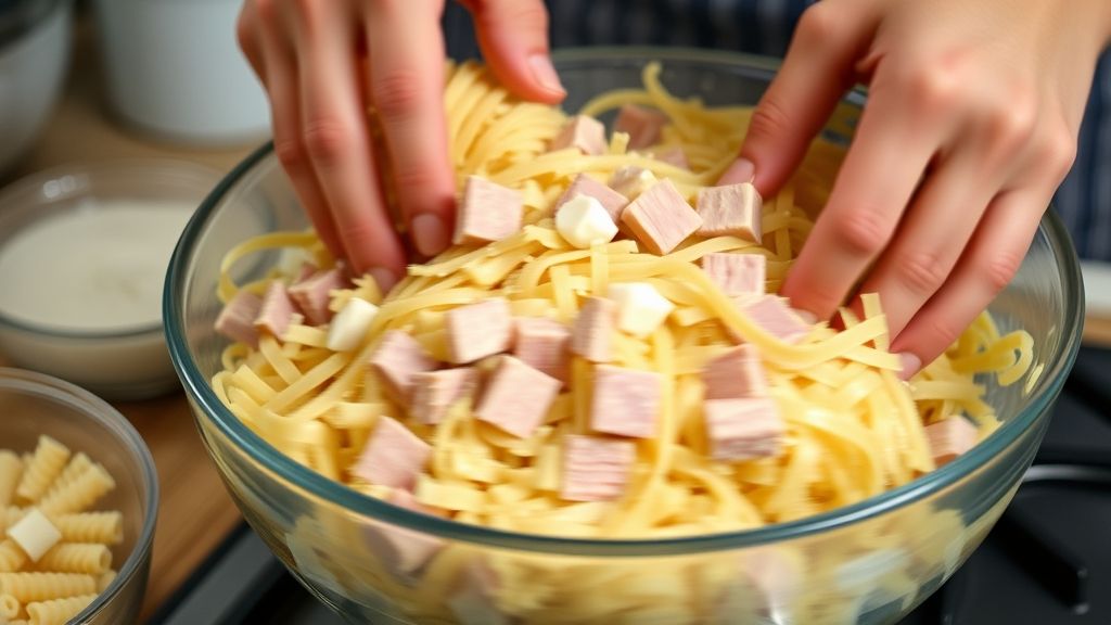 Mãos misturando o macarrão cozido com o presunto, queijo e maionese em uma tigela grande.