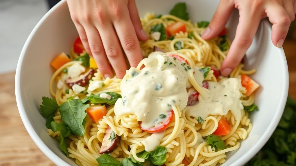 Mãos misturando o macarrão cozido com legumes coloridos e molho cremoso em tigela grande