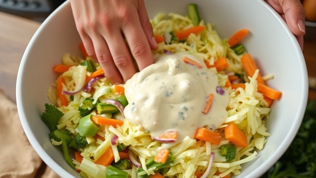 Mãos misturando o molho cremoso aos vegetais frescos em uma tigela de vidro durante o preparo.