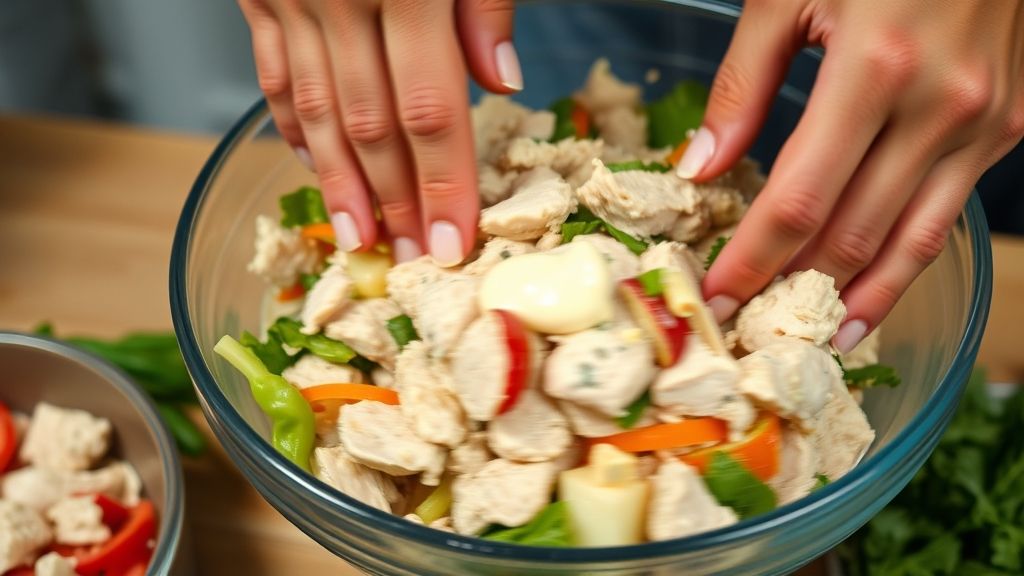Mãos misturando o frango desfiado com maionese e legumes em uma tigela grande durante o preparo do salpicão