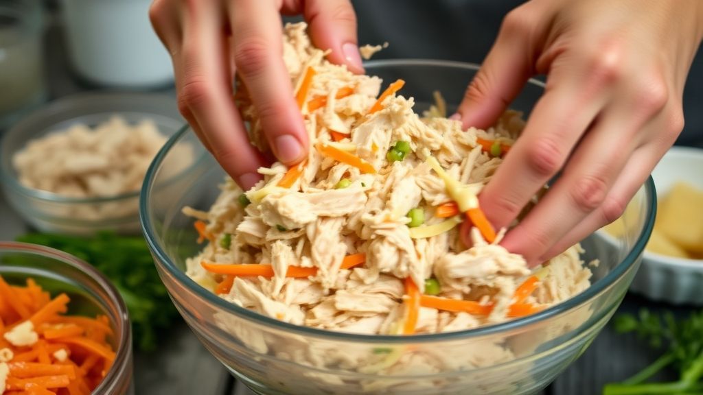 Mãos misturando o frango, maionese e cenoura para o recheio do sanduíche natural