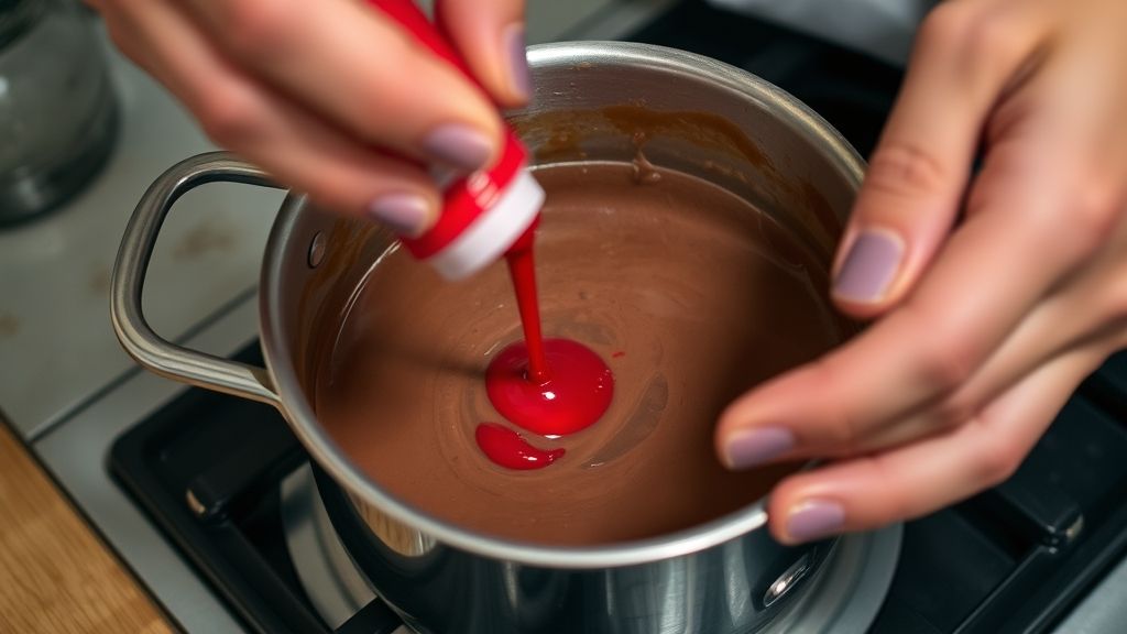 Mãos misturando a base de xarope e chocolate em uma panela pequena, com corante sendo adicionado