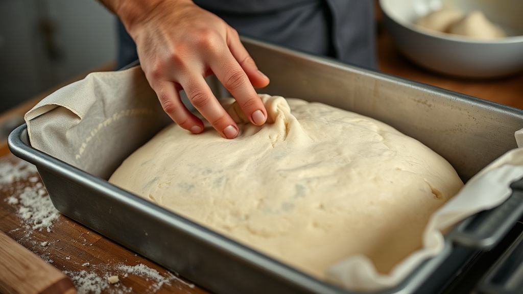 Mãos esticando a massa da schiacciata em uma forma untada com azeite