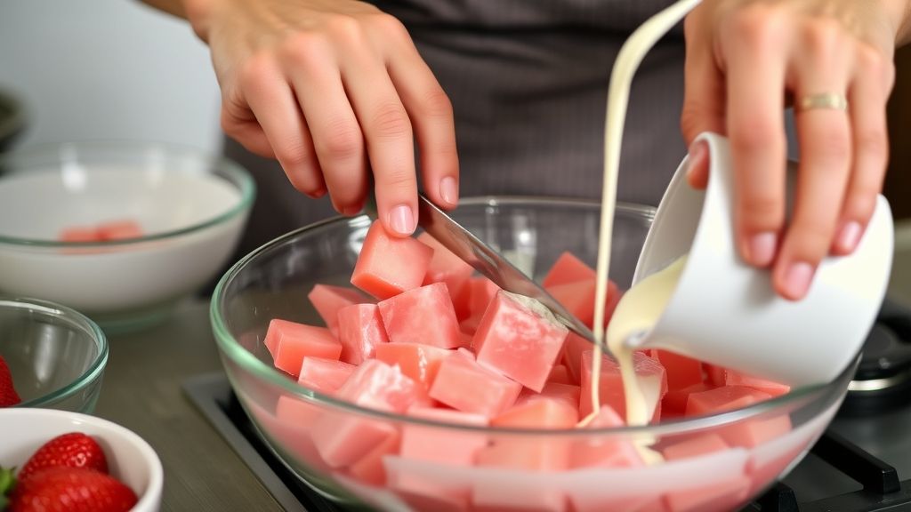 Mãos misturando creme no liquidificador e cortando gelatina em cubos durante o preparo