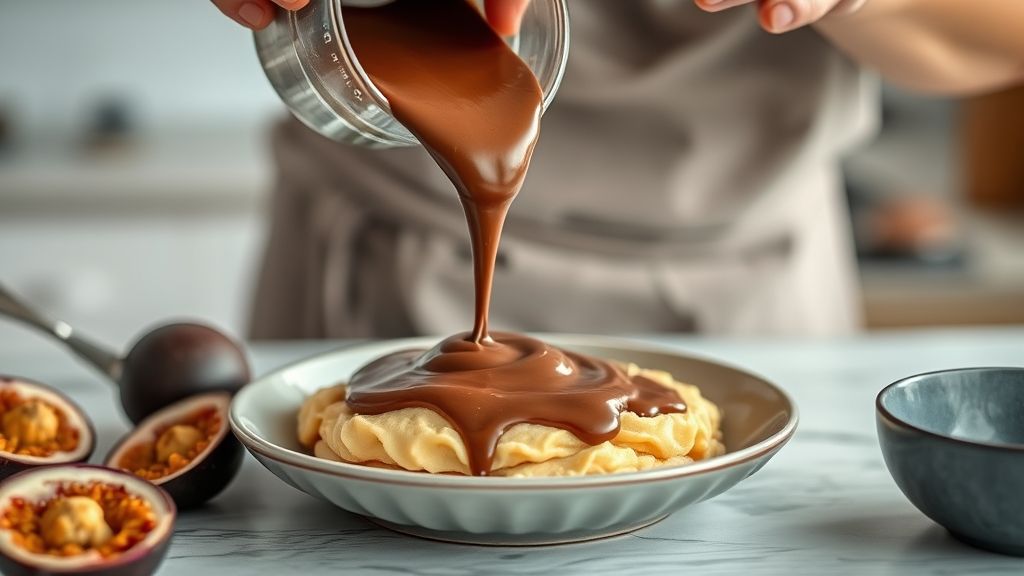 Mãos despejando ganache de chocolate sobre o creme de maracujá em uma travessa de vidro.