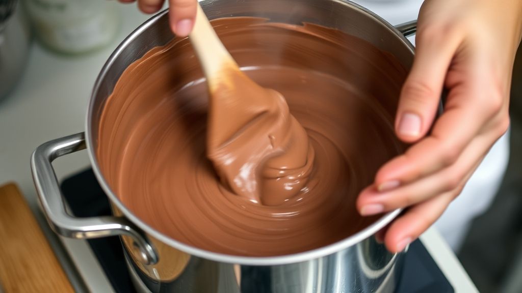 Mãos em ação mexendo o creme de chocolate durante o preparo da sobremesa