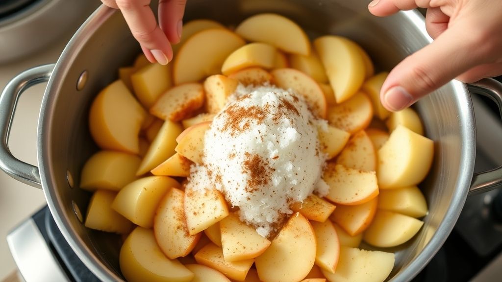 Mãos mexendo as maçãs na frigideira durante o cozimento para caramelizar com açúcar e canela