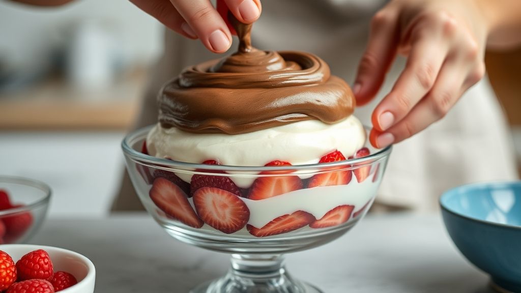 Mãos espalhando creme de chocolate sobre camada de morango em uma travessa de vidro.