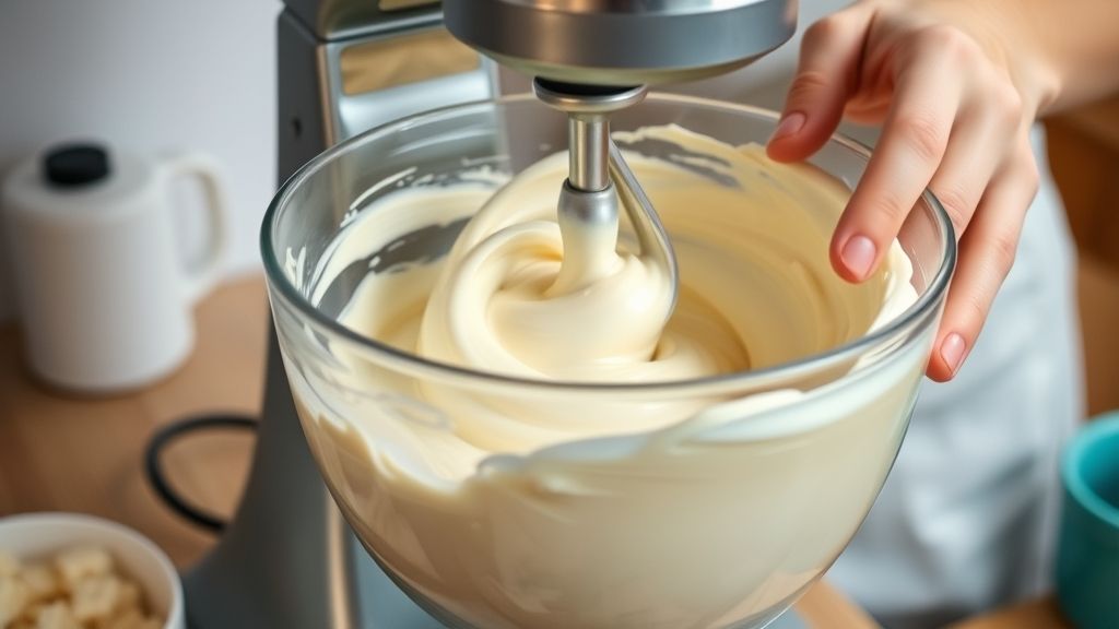 Mãos batendo a mistura cremosa do sorvete caseiro na batedeira durante o preparo